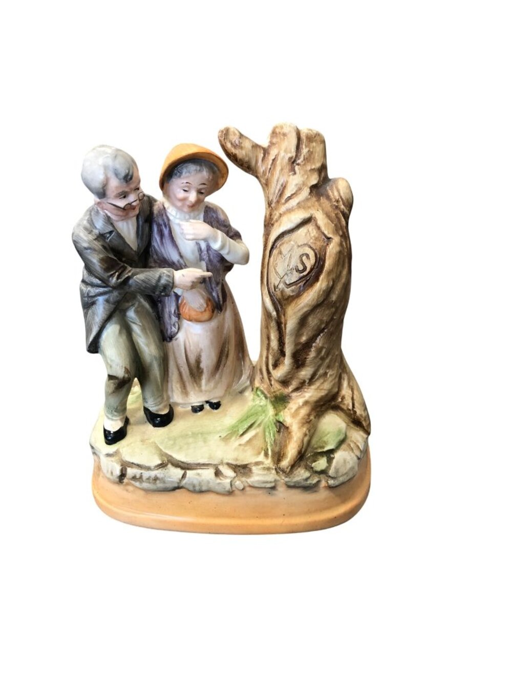 Elderly Couple Tree JS Love Heart Carving Vintage Ceramic Figurine Musical